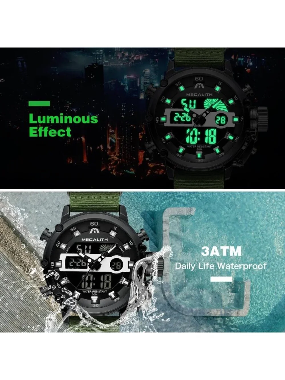 Men's Green And Black Analog Nylon Strap Waterproof Multifunction Digital Watch